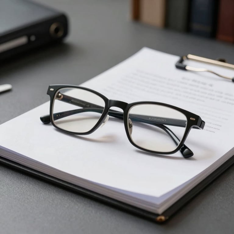 A pair of glasses resting on a legal brief, sharp focus, with medium-dark grey office background in South America / Brazil.