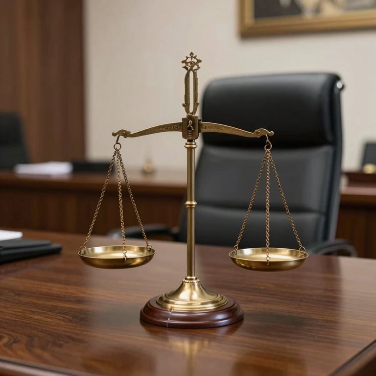 The Scale of Justice on a dark wooden table in a South American / Brazilian law firm, professional atmosphere.