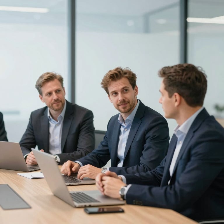 A modern office meeting room with Michał Tarnowski and Adam Galant discussing ed-tech strategy, Oxford-inspired professionalism.