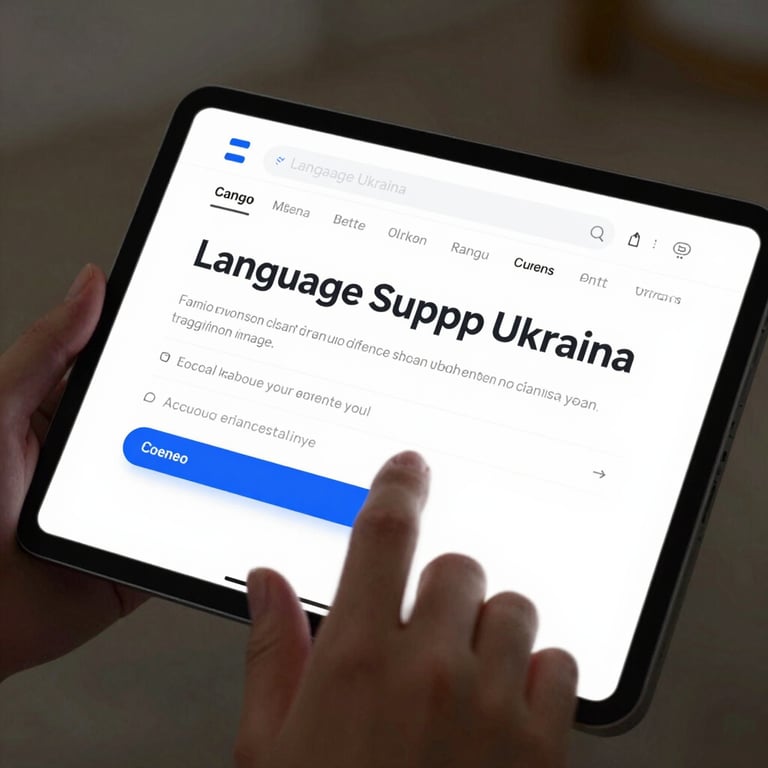 Close up of hands interacting with a tablet showing the Language Supp Ukraina interface, educational expertise theme.
