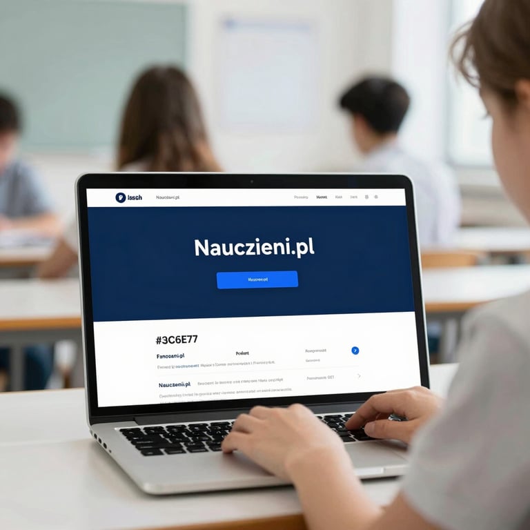 A student in Poland using the Nauczeni.pl platform on a sleek laptop, bright classroom setting, branding colors #3C6E71.