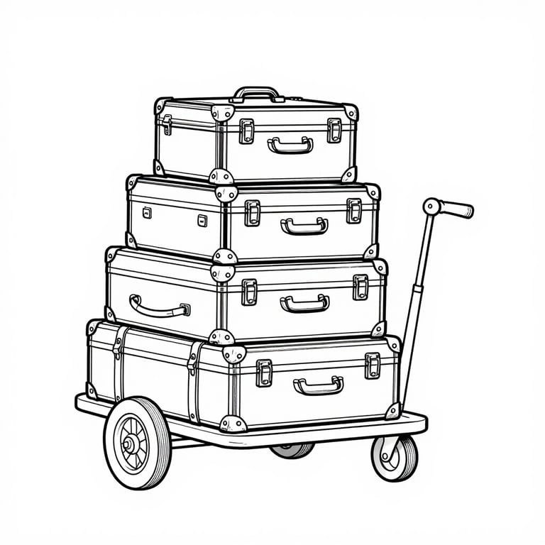 Line art illustration of a stack of vintage travel suitcases on a luggage cart.