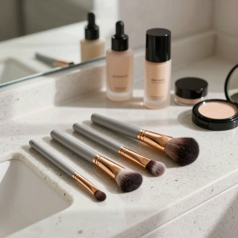 Elegant layout of professional makeup brushes and luxury beauty products on a clean travertine vanity, soft window shadows, minimalist aesthetic