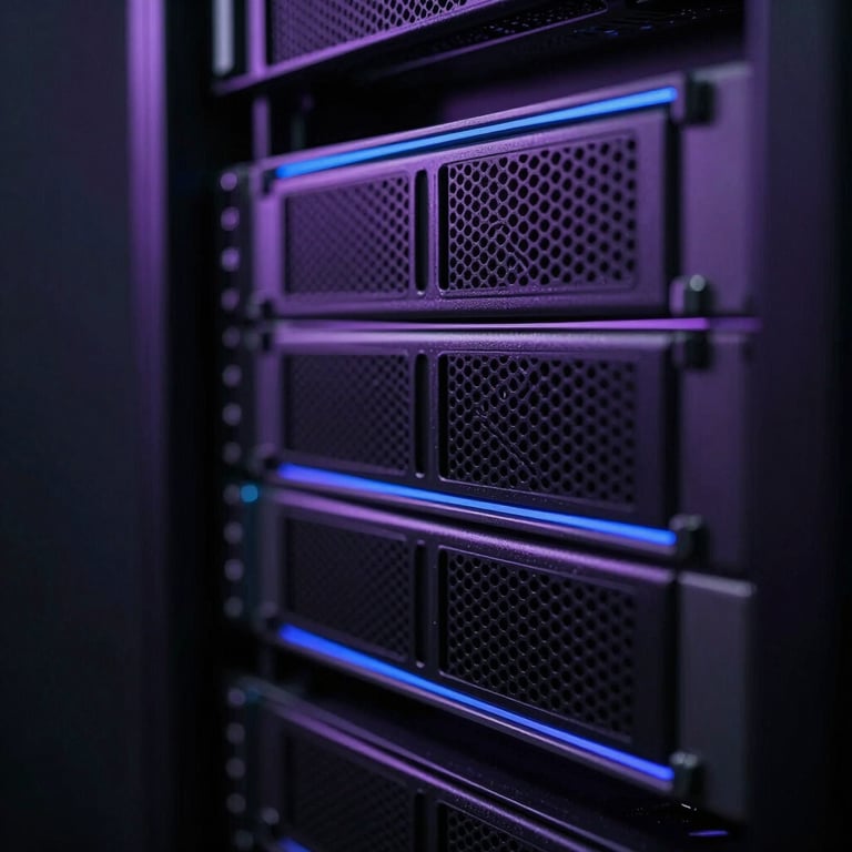 Macro close-up of standard server racks in a dark data center, low-key moody lighting with sharp directional violet and blue edge lights, high-contrast technical details.