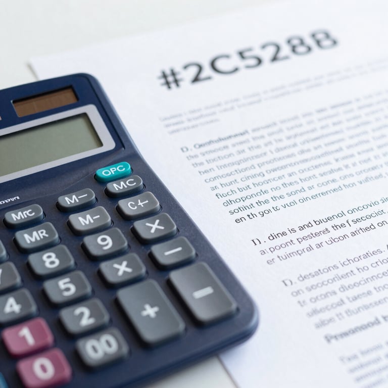 A modern calculator next to a neatly signed contract, emphasizing precision, incorporating #2C528B.