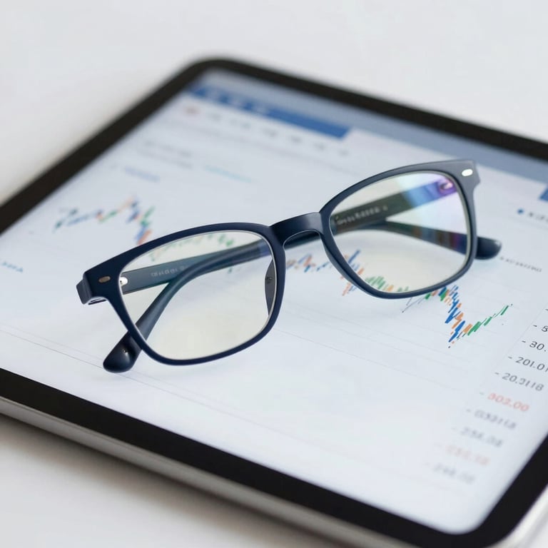 A pair of glasses resting on a tablet displaying financial data, professional lighting, brand colors #0A192F and #F0F4F8.