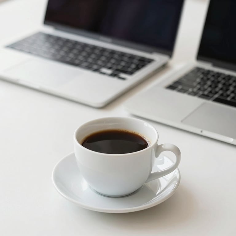 Professional workspace with a cup of coffee and a laptop, very clean and organized, minimal style.