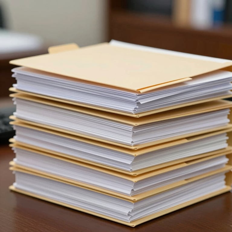 A stack of neatly organized tax folders, representing meticulous attention to detail and law compliance.