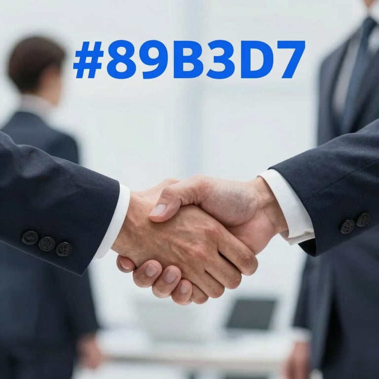 A blurred background of a professional handshake in a corporate setting, focusing on trust, using #89B3D7 accents.