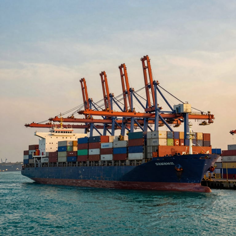 A busy Colombian shipping port at sunset with large cargo vessels, showcasing international trade and the deep teal colors of the water.
