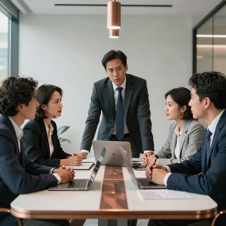A group of diverse professionals in a sleek, modern office in Bogota, discussing trade strategy around a table with bronze accents.