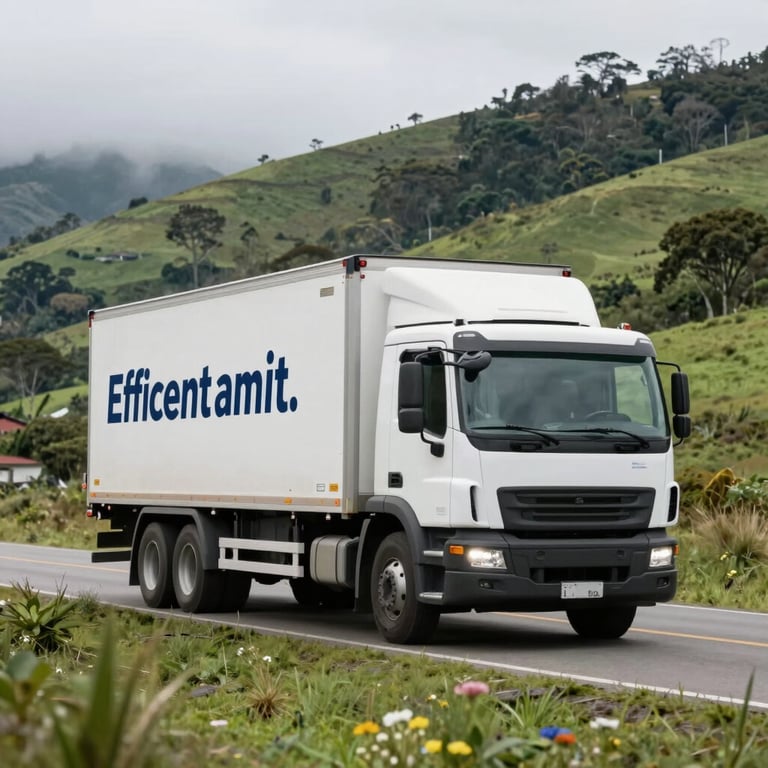 A modern commercial truck driving through the lush green landscape of the Colombian Andes, symbolizing efficient logistics.