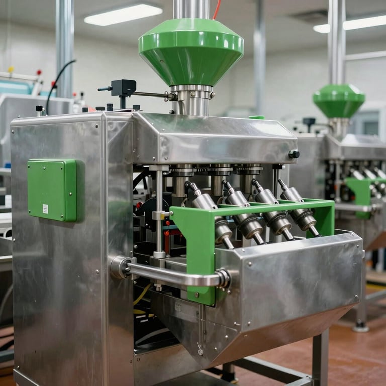 Clean, modern industrial food processing facility showing stainless steel machinery and bright green safety elements.