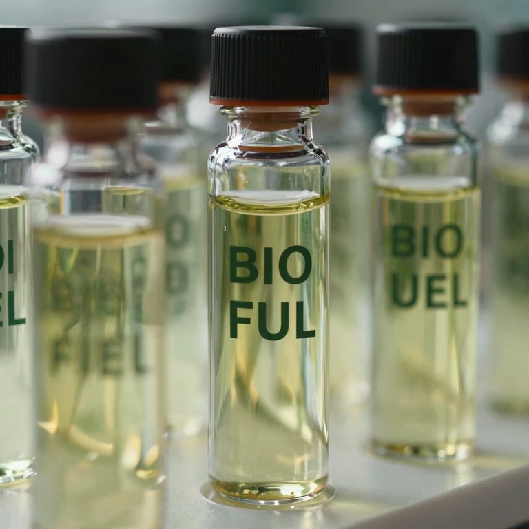 Artistic close-up of bio-fuel samples in glass vials reflecting a sustainable and forward-thinking energy future.