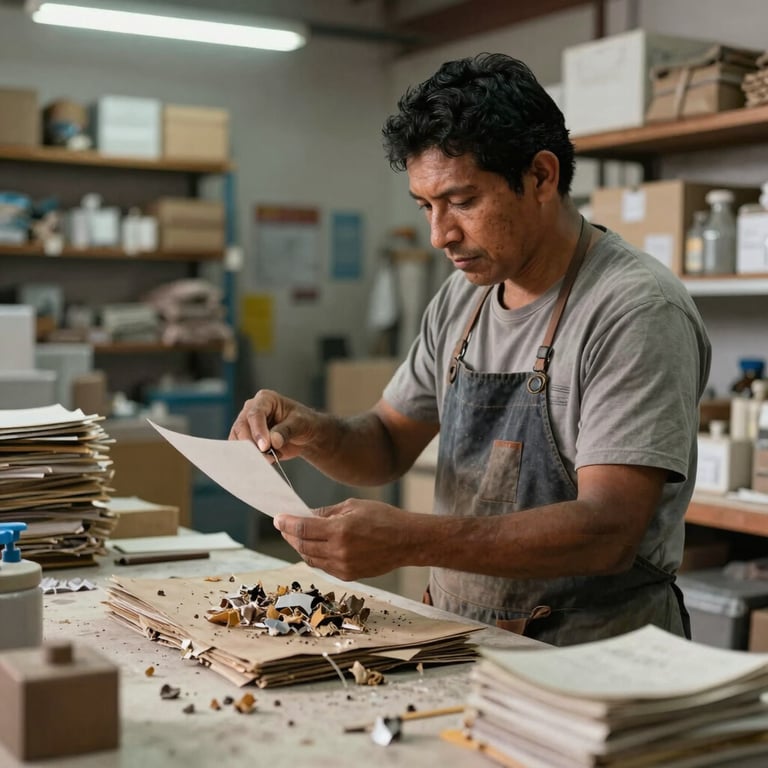 A small business owner in a local workshop inspecting high-quality recycled raw materials, representing South American industriousness.