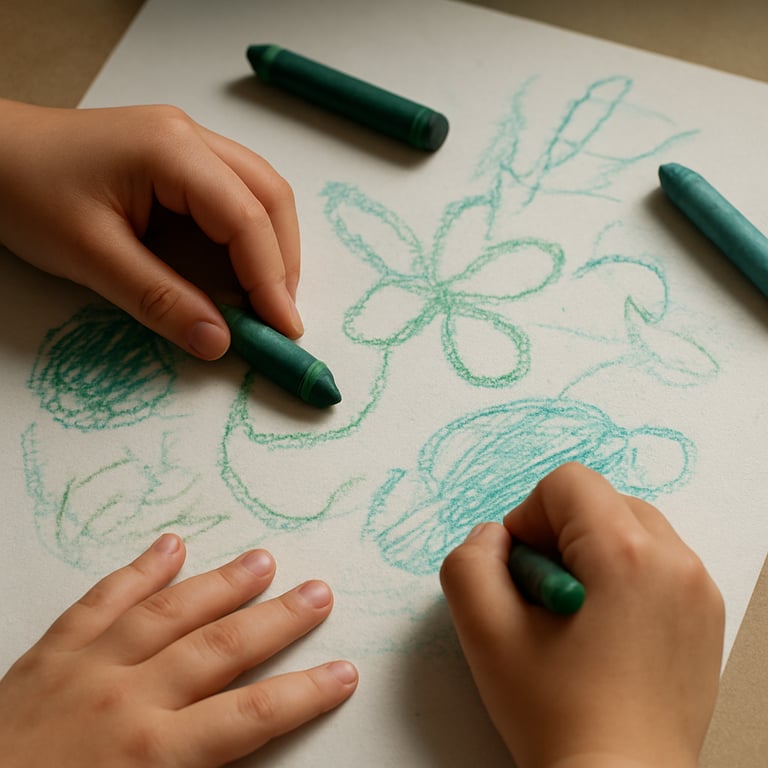 Overhead view of a child's hands drawing with thick crayons on paper, featuring subtle green and teal palette accents.