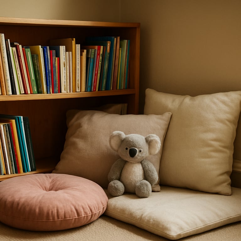 A cozy reading nook in an Australian family day care with soft cushions and a shelf of children's books, featuring a tiny koala motif.
