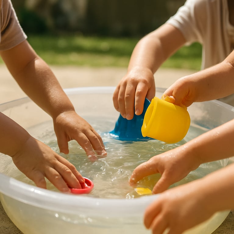 Close-up of preschool children's hands engaging in a sensory water-play activity in a bright, clean Australian outdoor setting.