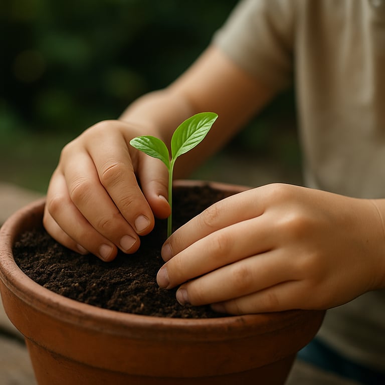 A child's hands carefully planting a small sprout in a garden pot, symbolizing growth and development in a professional home-care setting.