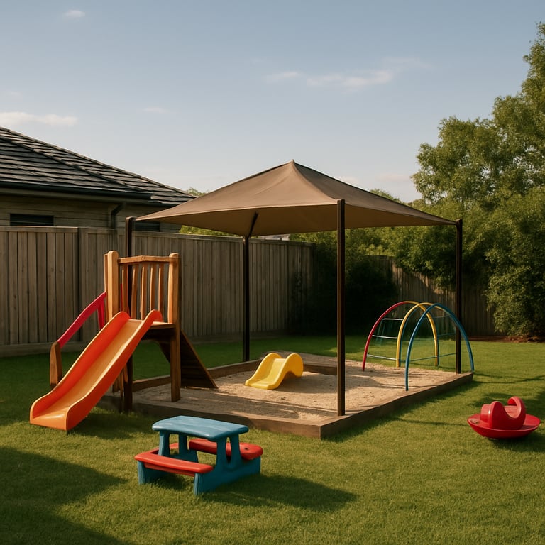 A colorful outdoor play area in a suburban Leppington backyard with a small shaded sandpit, photographed from a distance with no people.