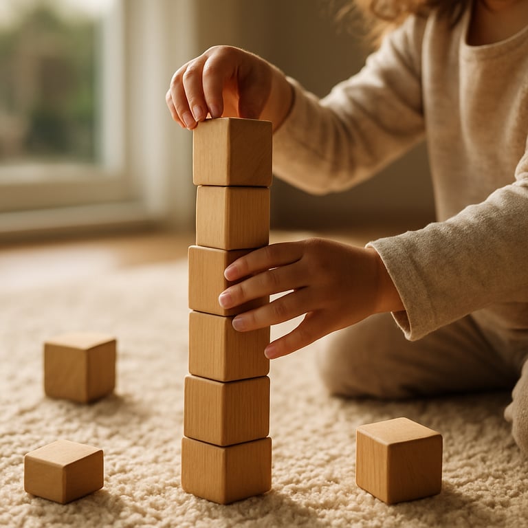 A preschool child's hands building a tower with natural wooden blocks on a soft cream-colored rug in a sunlit Australian home.