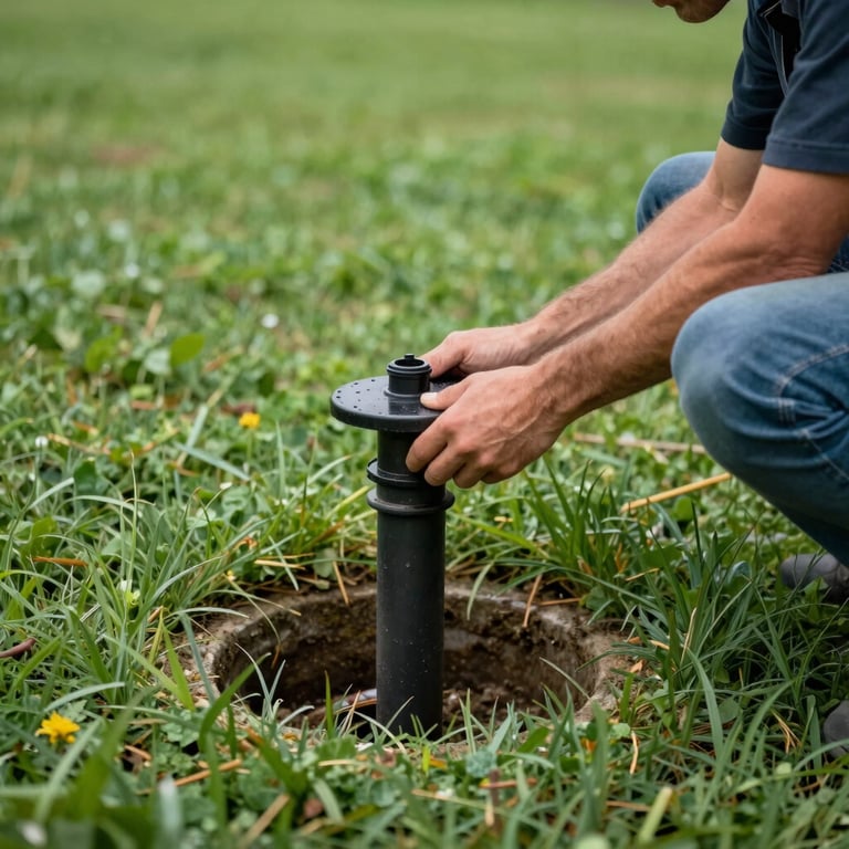 Close-up of a technician inspecting a septic system riser in a well-maintained green lawn in North Carolina.