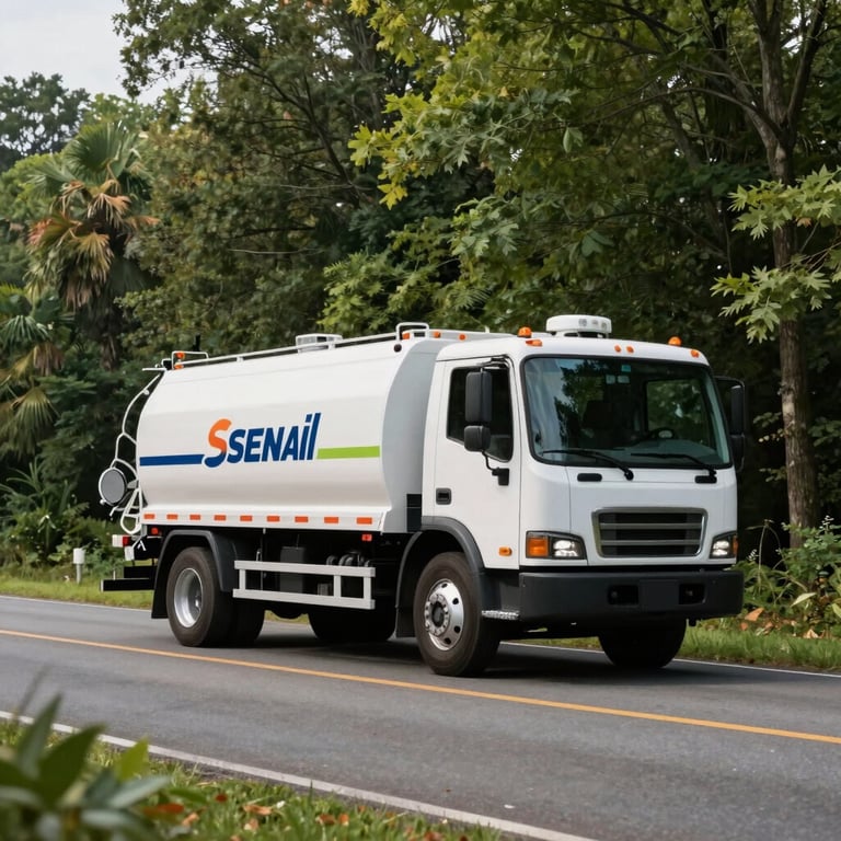 A wide shot of a clean, branded septic service truck traveling on a scenic North Carolina road lined with green trees.