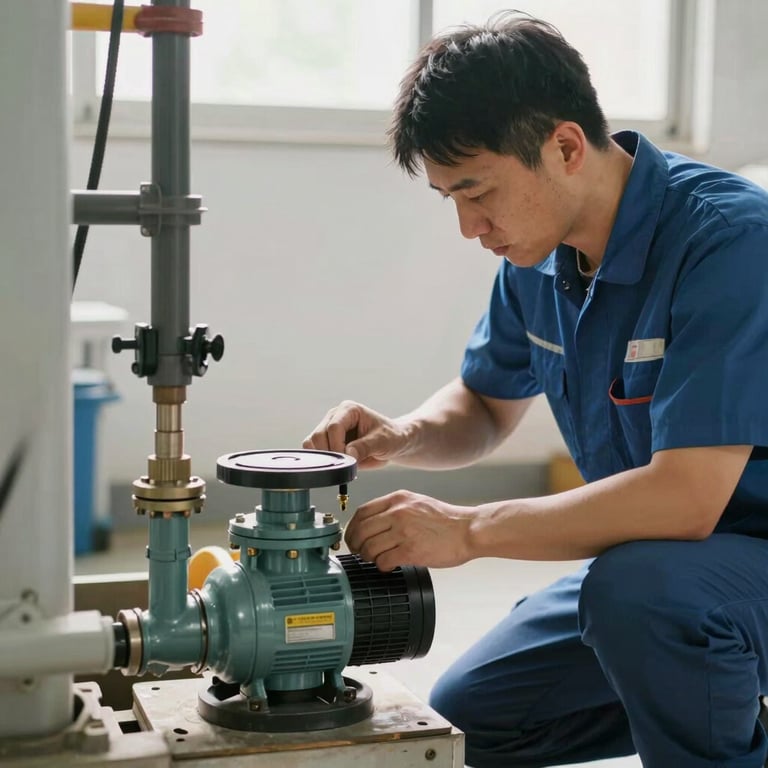 A technician in professional attire performing maintenance on a septic pump under bright natural light.