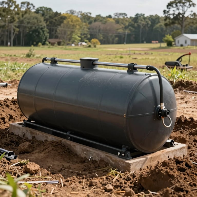 A new septic tank being professionally installed in a rural Southeastern US property, with clean earthwork and modern tools.