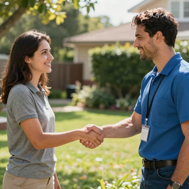 A professional team member shaking hands with a satisfied customer in a sunny North American yard.