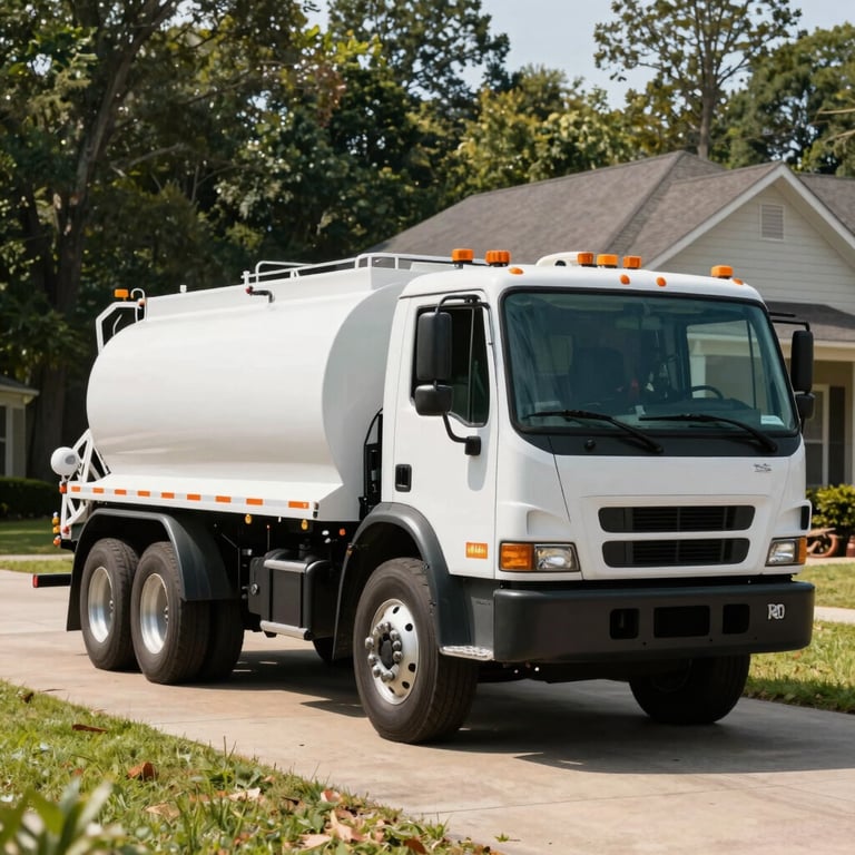 A professional septic service truck parked on a North American residential driveway in the Southeastern US during a sunny day.