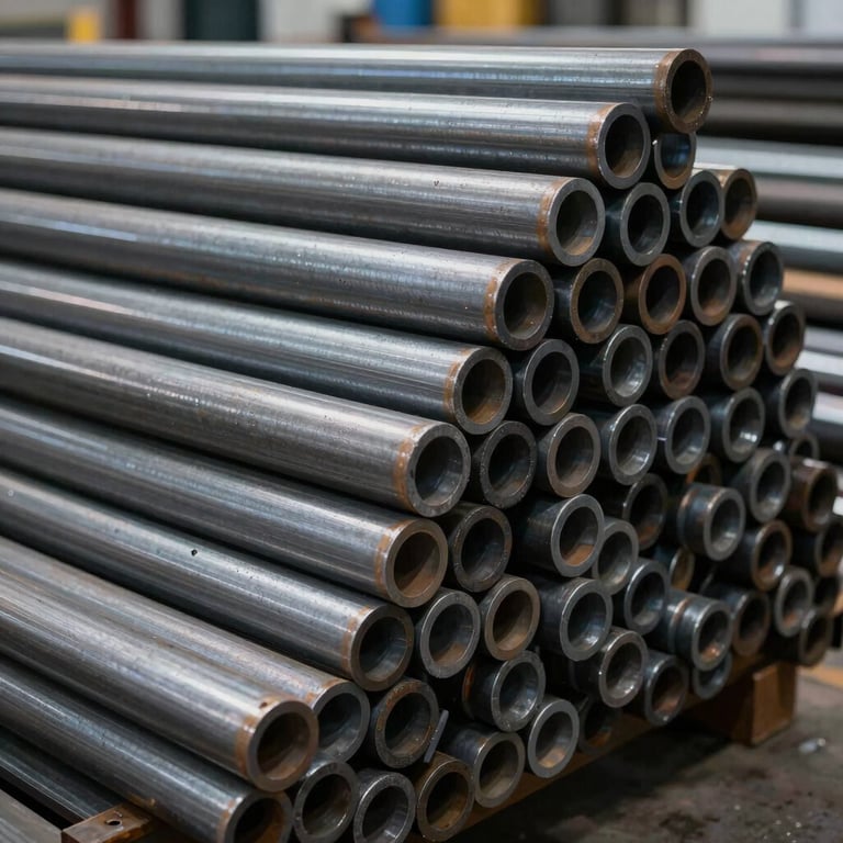 Precision stacks of industrial grade steel tubes of varying calibers in a warehouse.