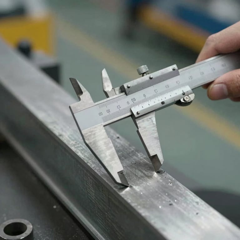 Close-up of technical measurement of a curved steel component with calipers in a modern workshop.