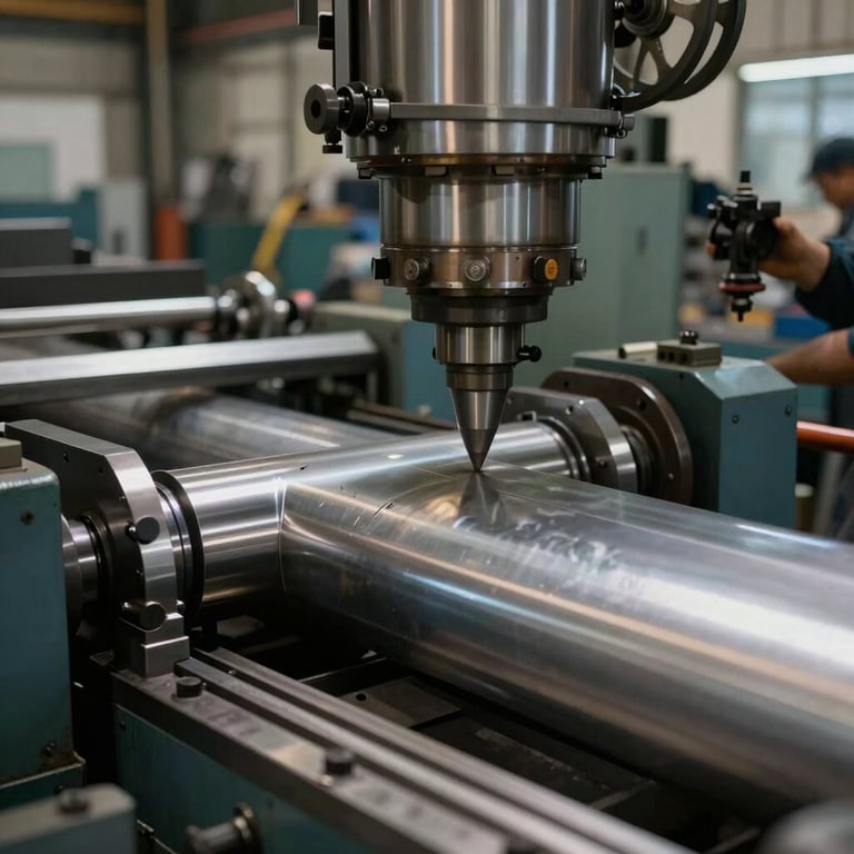High-performance rolling machine processing a thick metal plate, cinematic industrial style.