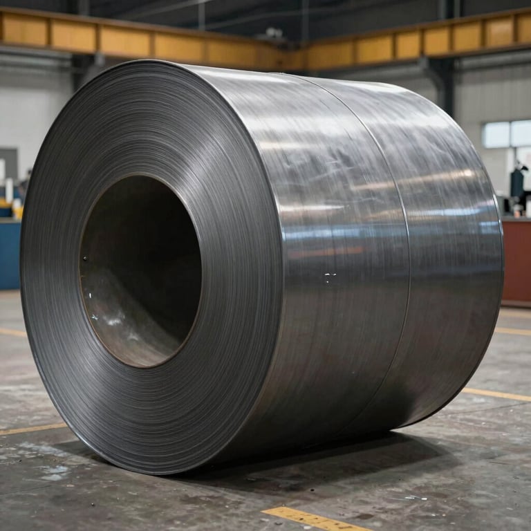 A large rolled steel cylinder on a clean factory floor in Mexico, professional lighting.