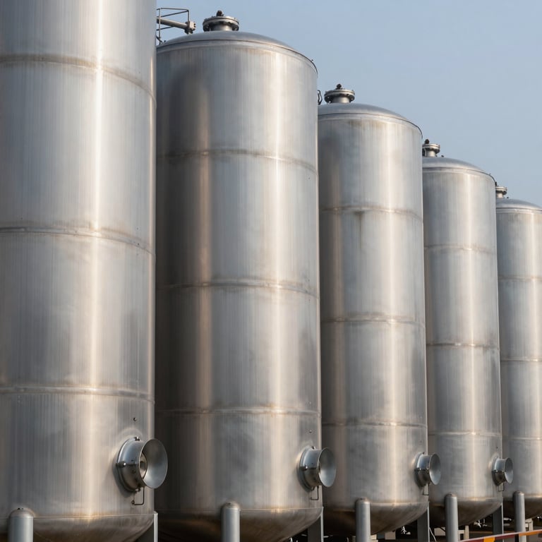 A row of finished vertical metal storage tanks ready for industrial delivery.