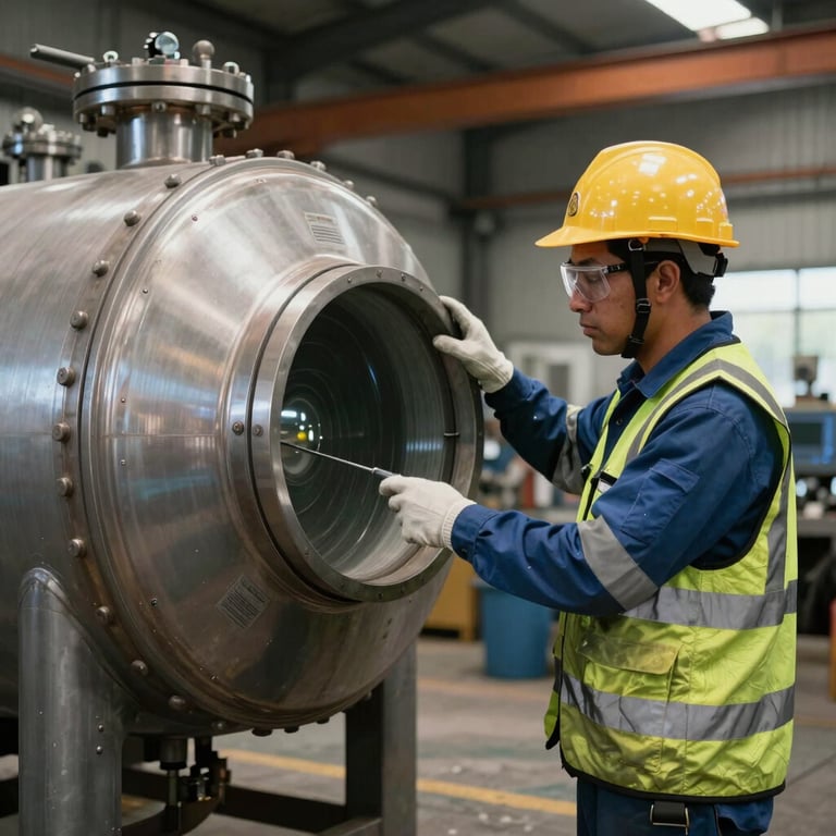 An industrial worker in professional safety gear inspecting a large steel tank in a Mexican workshop.