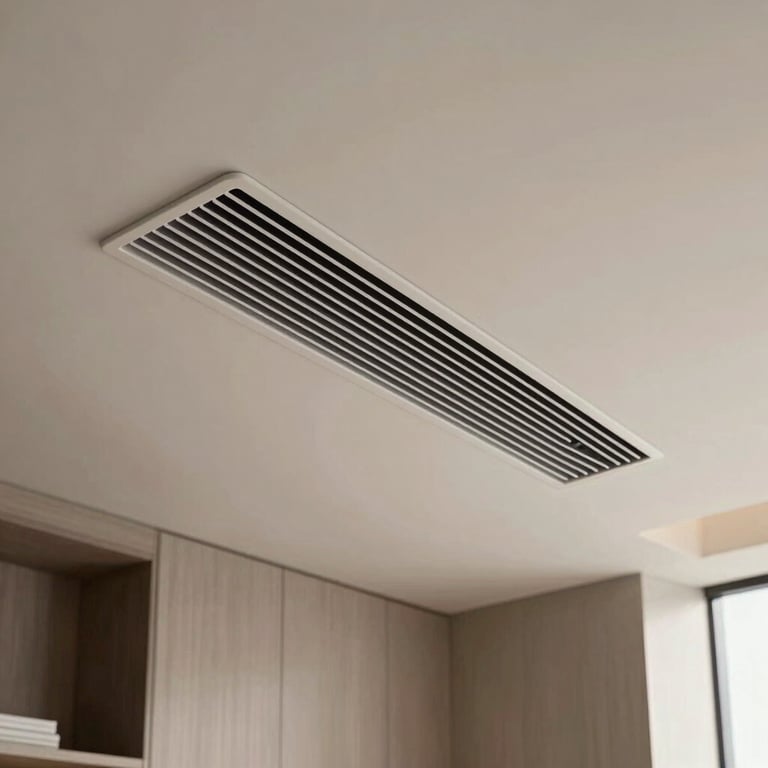 A high-end residential living room in Miami showing a subtle, futuristic air vent integrated into the ceiling.