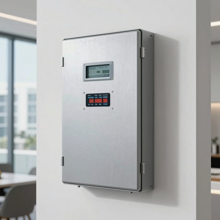 A premium silver HVAC control panel mounted on a white wall in a modern Miami interior.