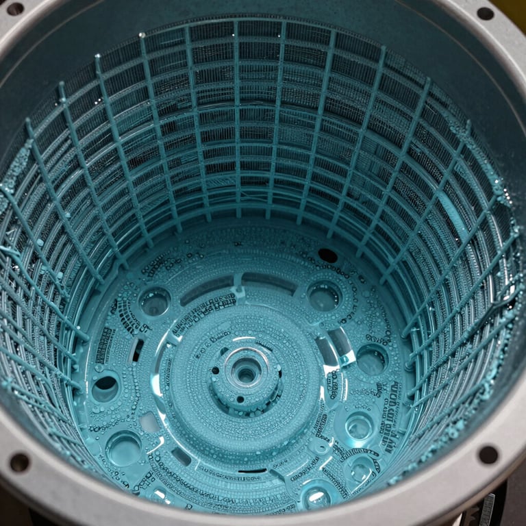 Internal view of a cooling coil with light cyan condensation, sharp focus, technical style.