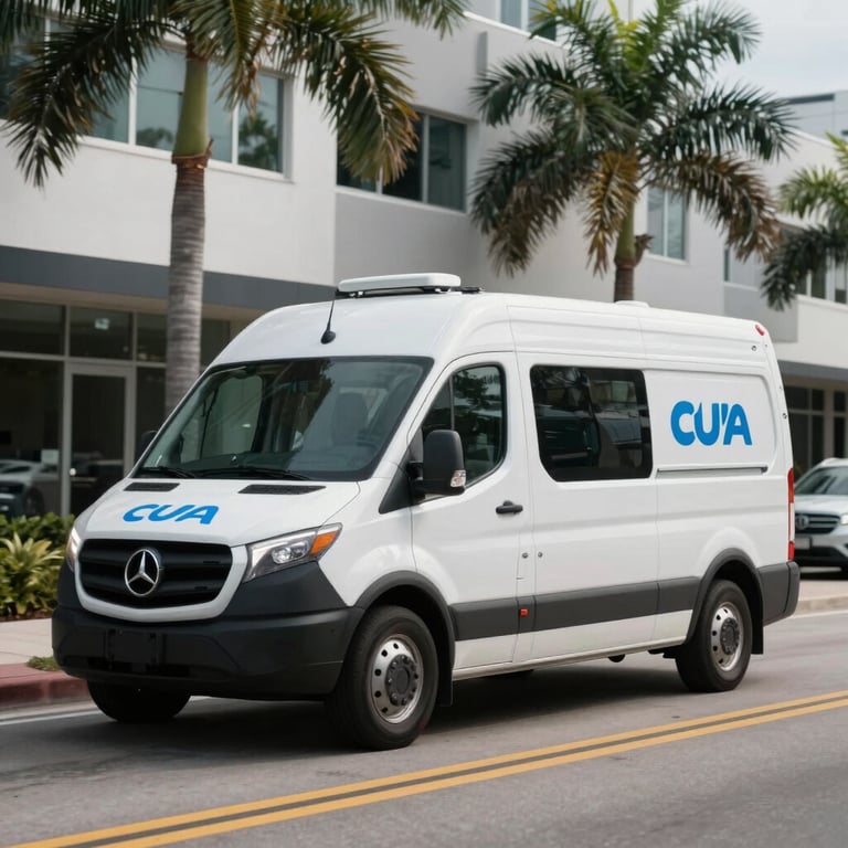A sleek, branded service vehicle driving through a modern North American / US / Miami street.