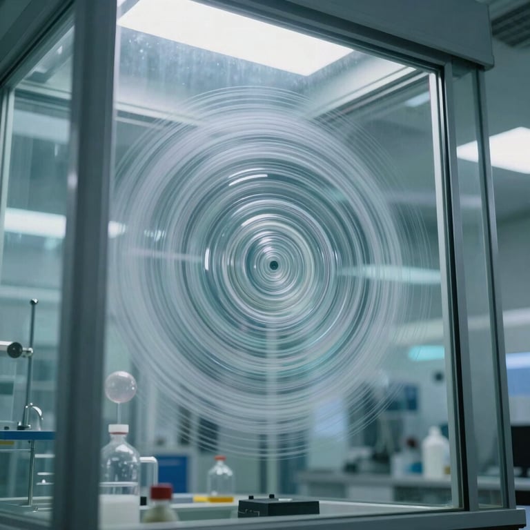 Abstract photography of clean, circulating air patterns in a high-tech glass-walled laboratory.