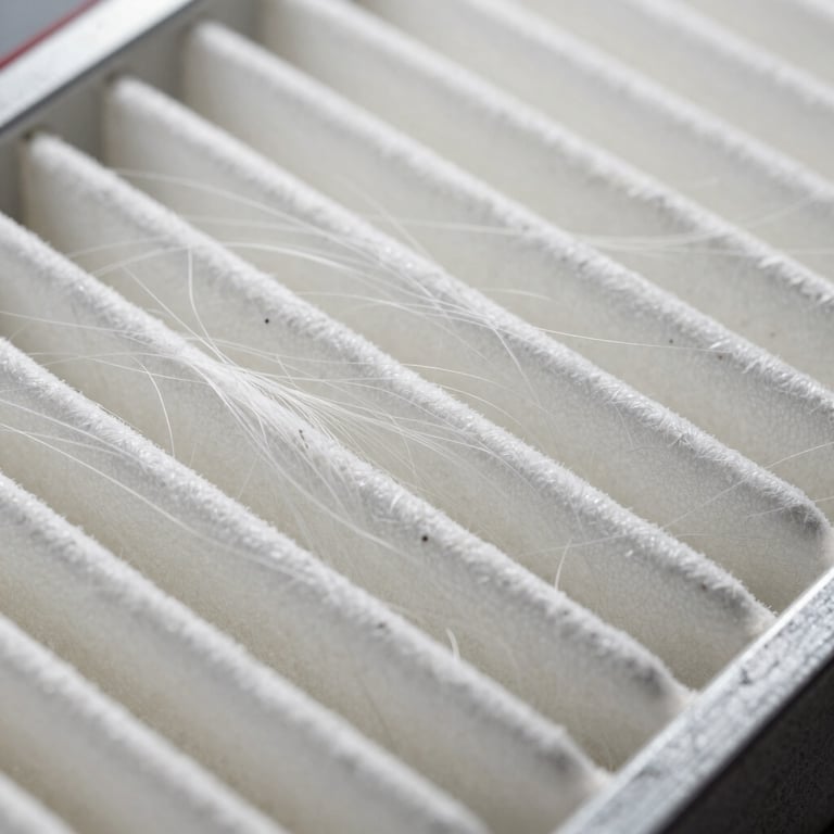 Macro shot of high-efficiency air filter fibers, pristine white and silver tones.