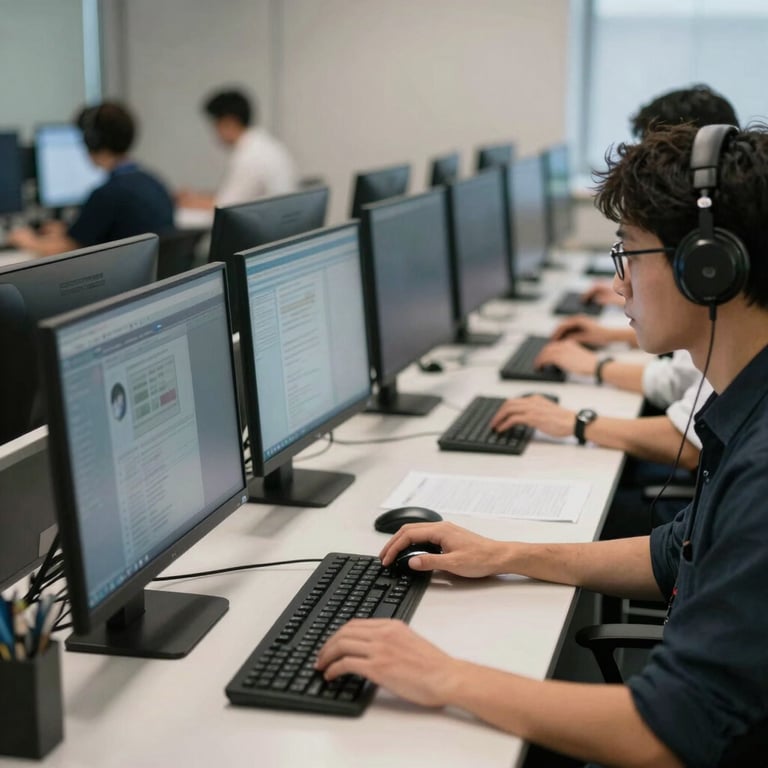 An organized rows of modern workstations in a professional tele-services environment.