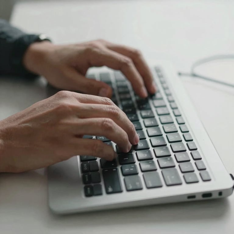 Close-up of hands typing on a high-end keyboard in a clean, modern workspace with light grey tones.