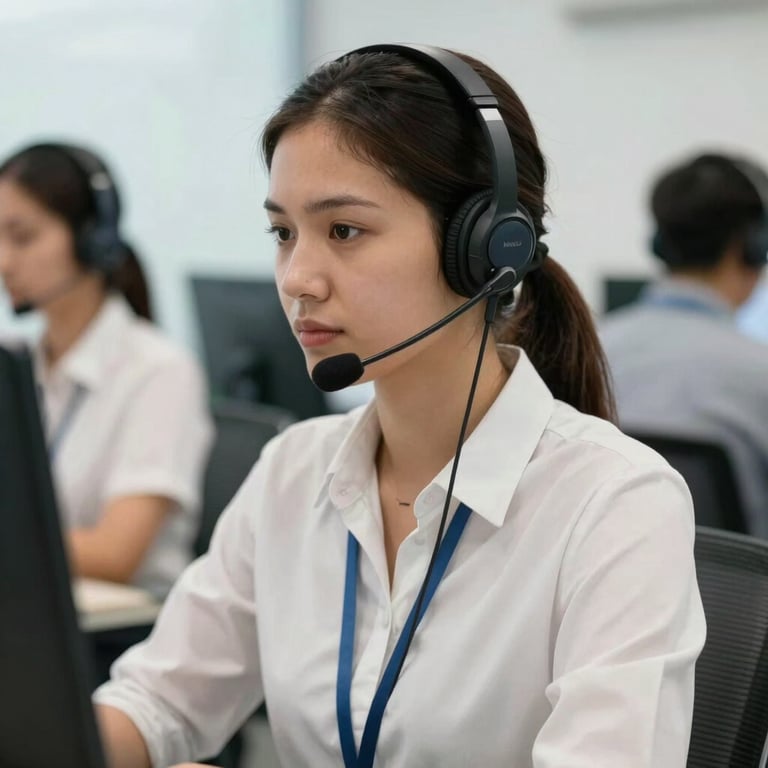 A focused professional wearing a headset in a brightly lit South American call center.