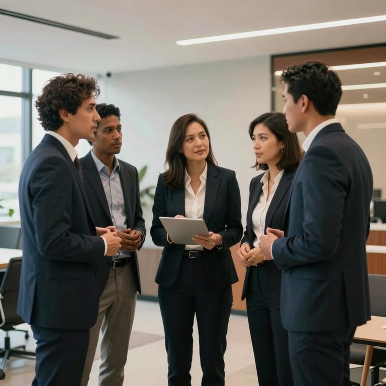 A group of professionals in business attire collaborating in a well-lit South American office lobby.