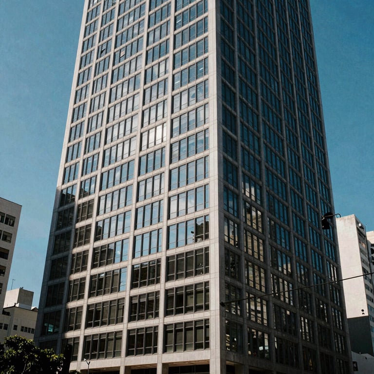 Modern office building facade in a bustling Brazilian business district, reflecting a clear blue sky.