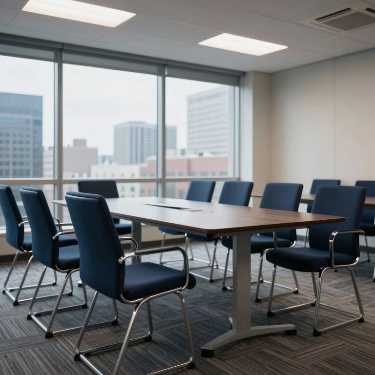 Interior of a corporate conference room with navy blue chairs and a large window showing city views.