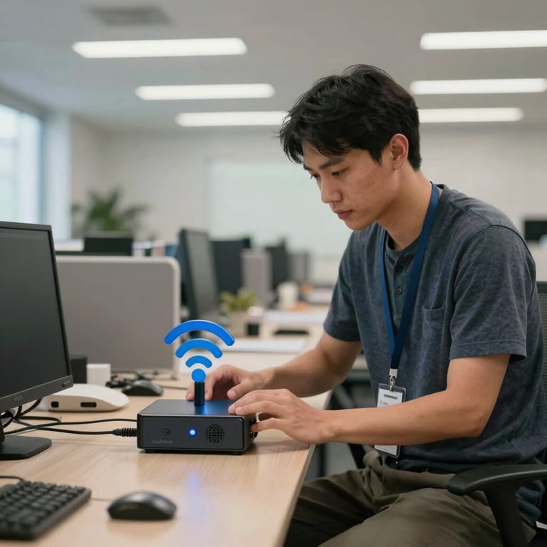 Teknisi sedang menyetel antena Wifi Access Point di dalam ruangan kantor modern yang luas.